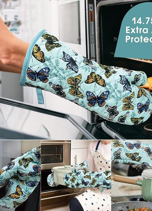 Oven Mitts Cotton Fashion Cute Butterfly Design 1pair Heat Resistant Oven Gloves Safe Cooking Baking Grilling Barbecue Machine Washable Pot Holders (Butterfly)