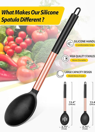 Pack of 2 Large Silicone Cooking Spoons,Non Stick Solid Basting Spoon,Heat-Resistant Kitchen Utensils for Mixing,Serving,Draining,Stirring (ROSE GOLD BLACK)
