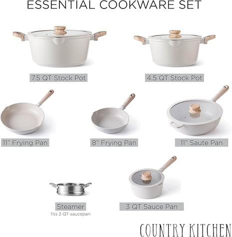 Country Kitchen Non-Stick Cast Aluminum Cookware Set - Durable Kitchen Cookware for Everyday Cooking, Cream Round Handle, 11 Pc.