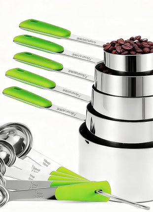 Measuring Cups and Spoons Set Stainless Steel 10 Piece for Cooking and Baking (5 Cups + 5 Spoons, Green Handle)
