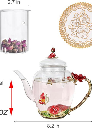 Enamel Glass Flower Tea Pot With Removable Loose Tea Leaf Infuser Tea Maker Teapot Set 30.4OZ Gifts for Women,Mom,Birthday