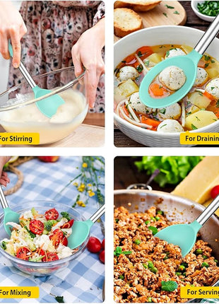 Pack of 2 Large Silicone Cooking Spoons,Non Stick Solid Basting Spoon,Heat-Resistant Kitchen Utensils for Mixing,Serving,Draining,Stirring (GREEN)