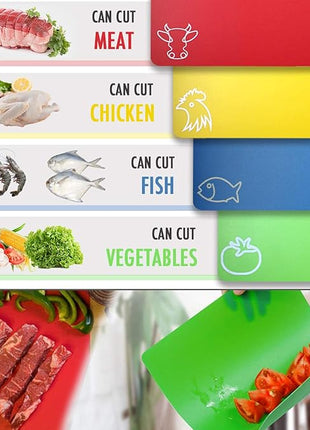 Cutting Board Mats Flexible Plastic Colored Mats with Food Icons, Fotouzy BPA-Free, Non-Porous, Anti-skid back and Dishwasher Safe, Set of 7+1 8 Pieces