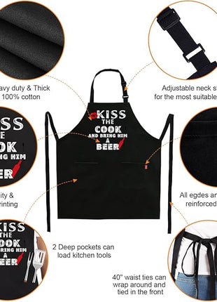 Grilling Apron - KISS THE COOK AND BRING HIM A BEER - Funny BBQ Aprons for Men Women Chef, Adjustable Kitchen Bib Apron with 2 Pockets and 40" Long Ties, Perfect for Cooking, Baking - Black