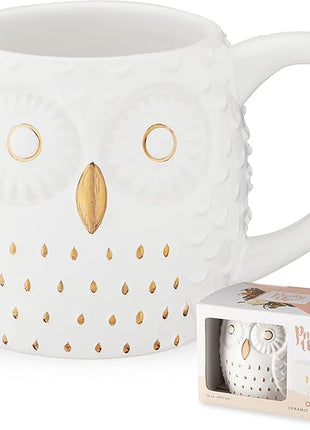 Pinky Up Olivia Owl Mug, Cute Mugs for Women, Tea Tumbler Cup, Tea Accessory Gifts, Owl Design, White and Gold, 16oz