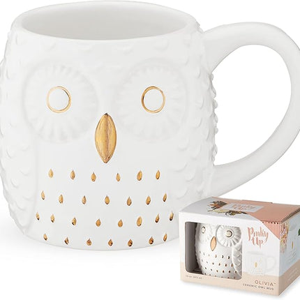 Pinky Up Olivia Owl Mug, Cute Mugs for Women, Tea Tumbler Cup, Tea Accessory Gifts, Owl Design, White and Gold, 16oz