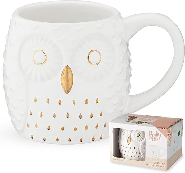 Pinky Up Olivia Owl Mug, Cute Mugs for Women, Tea Tumbler Cup, Tea Accessory Gifts, Owl Design, White and Gold, 16oz