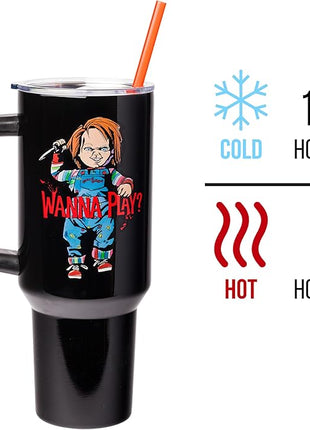 Silver Buffalo Chucky Holding Knife Wanna Play Spooky Scary Stainless Steel Tumbler with Handle and Straw, Fits in Standard Cup Holder, 40 Ounces