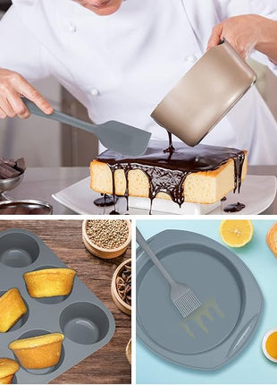 Economical 7in1 Nonstick Silicone Baking Cake Pan Cookie Sheet Molds Tray, Heat Resistant Bakeware Tools for Muffin Loaf Bread Pizza Cupcake