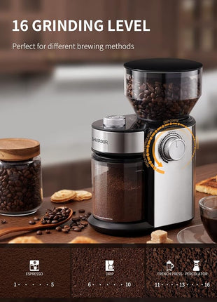 SHARDOR Burr Coffee Bean Grinder Electric, Adjustable Burr Mill with 16 Precise Grind Setting for 2-14 Cup, Silver