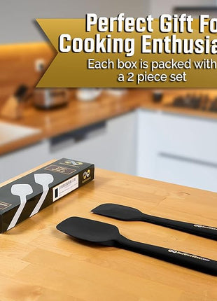 Premium 600F High Heat Resistant Silicone Spatula 2 Set Sturdy Handle Created for Cooking, Baking and Mixing, One Piece Design, Non-Stick, Strong Stainless Steel Core (Black)