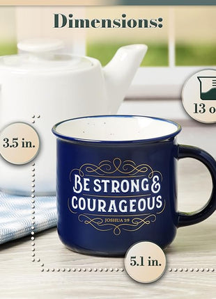 Christian Art Gifts Inspirational Ceramic Coffee & Tea Scripture Mug for Men & Women: Strong & Courageous Bible Verse, Microwave & Dishwasher Safe Non-toxic Beverage Cup, Dark Navy Blue/White, 13 oz.