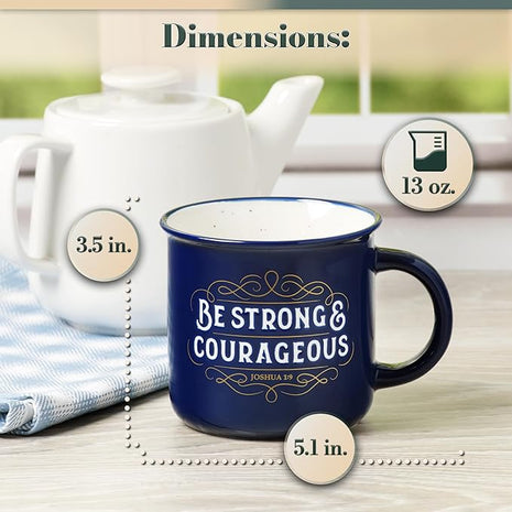 Christian Art Gifts Inspirational Ceramic Coffee & Tea Scripture Mug for Men & Women: Strong & Courageous Bible Verse, Microwave & Dishwasher Safe Non-toxic Beverage Cup, Dark Navy Blue/White, 13 oz.