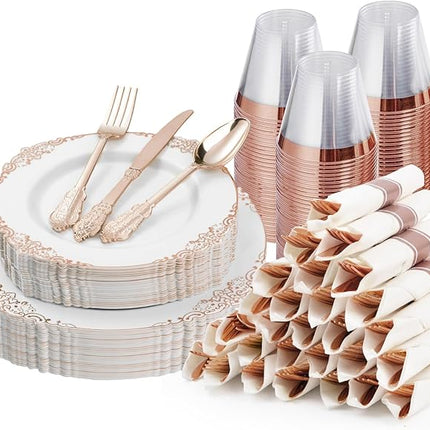175PCS Rose Gold Plastic Plates for 25 Guests, Disposable Dinnerware Sets Include 50 Rose Gold Rim Plastic Plates, 25 Silverwares and 25 Cups, 25 Pre Rolled Napkins for Party, Graduation