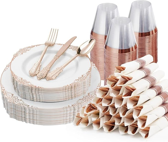 175PCS Rose Gold Plastic Plates for 25 Guests, Disposable Dinnerware Sets Include 50 Rose Gold Rim Plastic Plates, 25 Silverwares and 25 Cups, 25 Pre Rolled Napkins for Party, Graduation