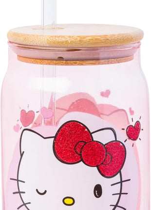 Silver Buffalo Sanrio Hello Kitty and Friends Featuring Dear Daniel 2 Pack Glass Jar Tumbler with Bamboo Lid and Glass Straw, 16 Ounces