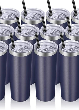 VEGOND Stainless Steel Tumblers Bulk 12 Pack, 20 oz Vacuum Insulated Skinny Tumblers with Lids and Straws, Double Wall Coffee Mug, Travel Water Cup, Navy Blue