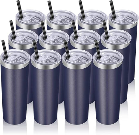 VEGOND Stainless Steel Tumblers Bulk 12 Pack, 20 oz Vacuum Insulated Skinny Tumblers with Lids and Straws, Double Wall Coffee Mug, Travel Water Cup, Navy Blue
