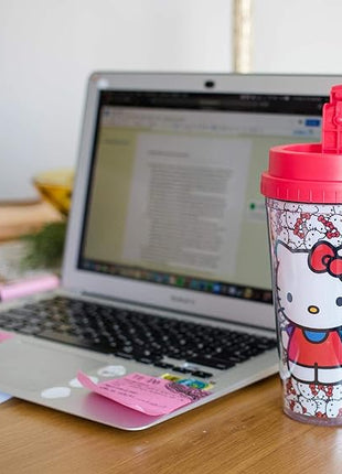 Silver Buffalo Sanrio Hello Kitty Pattern Double Wall Travel Tumbler w/Slide Close Lid, 20 Ounces, 16oz Allover Faces, 1 Count (Pack of 1)
