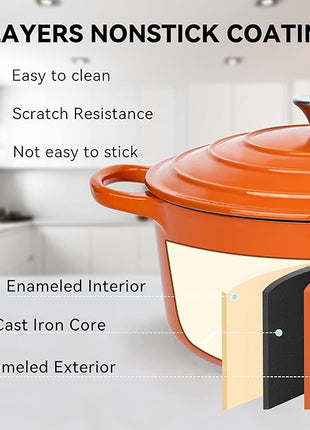 Miereirl 6 Quart Enameled Dutch Oven Pot with Lid, Cast Iron Dutch Oven with Dual Handles for Bread Baking, Cooking, Non-stick Enamel Coated Cookware (Orange)