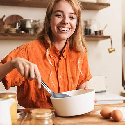 Pack of 2 Large Silicone Cooking Spoons, Non-Stick Stainless Steel Slotted and Solid Spoon Set for Serving, Mixing, Draining, Heat Resistant, Scratch Resistant and BPA Free Kitchen Scoops (Grey)