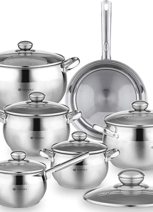 Daniks Classic 12-Piece Stainless Steel Cookware Set with Saucepan and Frying Pan, Glass Lids, Induction Compatible, Dishwasher Safe, Silver
