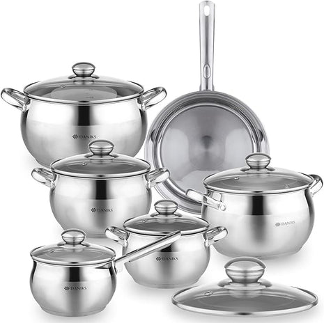 Daniks Classic 12-Piece Stainless Steel Cookware Set with Saucepan and Frying Pan, Glass Lids, Induction Compatible, Dishwasher Safe, Silver