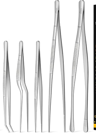 HOTEC Kitchen Tweezers Tongs Stainless Steel, Set of 6 - Professional Cooking Tweezers for Cooking, Chefs, BBQ, Seafood, Baking & Repair