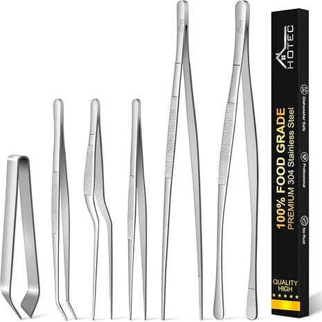 HOTEC Kitchen Tweezers Tongs Stainless Steel, Set of 6 - Professional Cooking Tweezers for Cooking, Chefs, BBQ, Seafood, Baking & Repair