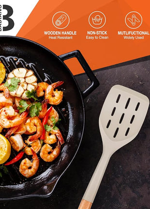 Pack of 2 Silicone Spatula, Non Stick Cooking Utensil Set Wooden Handle Kitchen Turner for Baking Mixing Grilling Serving Food Heat Resistant Non Scratch Hooks Included (Khaki)