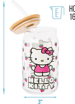 Silver Buffalo Sanrio Hello Kitty Strawberry Glass Jar Tumbler with Bamboo Lid and Glass Straw, 16 Ounces (Pack of 12)