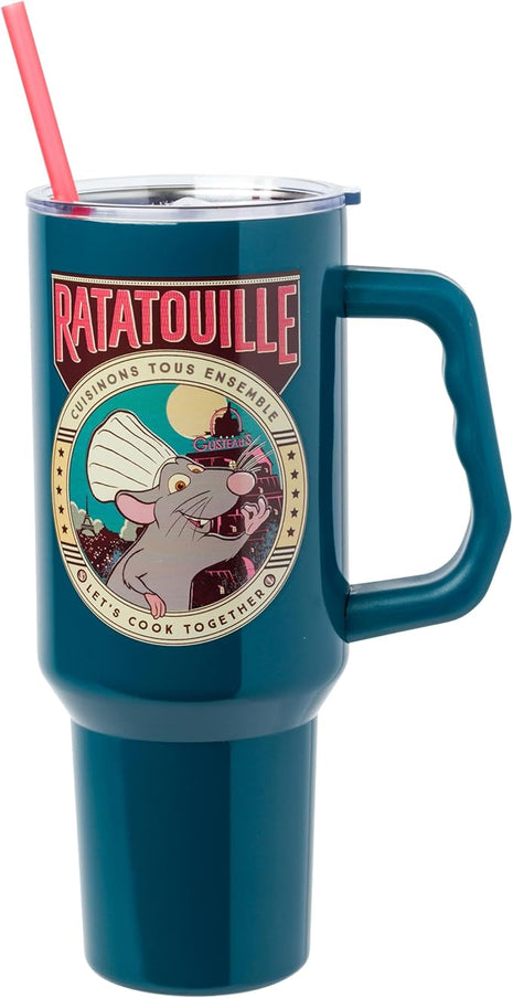 Silver Buffalo Disney Pixar Ratatouille Remy Let's Cook Together Stainless Steel Tumbler with Handle and Straw, Fits in Standard Cup Holder, 40 Ounces
