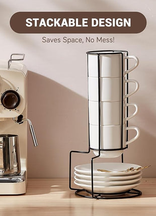 Lareina 8 Ounce Porcelain Cappuccino Cups Set of 4, Stackable Coffee Cups with Saucers, Spoons and Metal Stand -for Specialty Coffee Drinks, Cappuccino, Latte, Americano and Tea, White