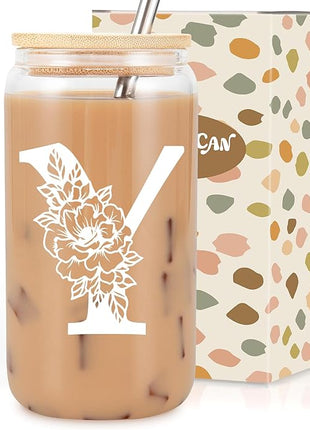 Coolife Initial Glass Cup, Monogrammed Gifts for Women, 16 oz Glass Cups w/Lids Straws, Iced Coffee Smoothie Beer Tumbler w/Straw Lid - Personalized Christmas, Birthday Gifts for Her Mom Friend Woman