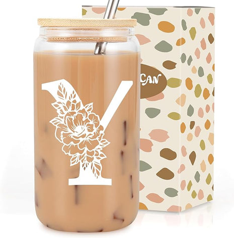 Coolife Initial Glass Cup, Monogrammed Gifts for Women, 16 oz Glass Cups w/Lids Straws, Iced Coffee Smoothie Beer Tumbler w/Straw Lid - Personalized Christmas, Birthday Gifts for Her Mom Friend Woman