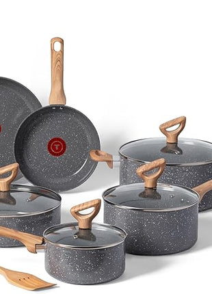 T-fal Revive Ceramic Cookware Sets, Pots and Pans Set Nonstick, (12 pieces), Ceramic Non stick Coated, Frying Pan, Oven Safe Up To 350°F, Grey Granite