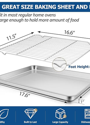 TeamFar Baking Sheet with Rack Set, Stainless Steel Baking Pan Cookie Sheet with Cooling Rack, Size 17.6 x 13 x 1inch, Non Toxic & Heavy Duty, Easy Clean & Dishwasher Safe