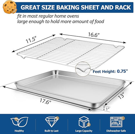 TeamFar Baking Sheet with Rack Set, Stainless Steel Baking Pan Cookie Sheet with Cooling Rack, Size 17.6 x 13 x 1inch, Non Toxic & Heavy Duty, Easy Clean & Dishwasher Safe