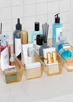 WOWBOX 9 Pack Clear Drawer Organizer Set, Acrylic Drawer Storage Trays, Storage Bins for Makeup, Cosmetics, Jewelries, Utensils, Gadgets, Office, Champagne