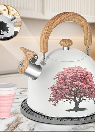 ARC Stainless Steel 2-Quart Whistling Milk White Tea Kettle with Magic Color Changing Design, Stovetop Teapot With Folding Cup & Trivet Mat