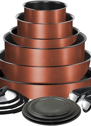 T-fal Ingenio Expertise Non Stick Cookware Set 14 Piece, Induction, Oven Broiler Safe 500F, Stackable, Pots and Pans, RV, Camping, Fry Pans, Dishwasher Safe, Detachable/Removable Handle, Copper