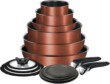 T-fal Ingenio Expertise Non Stick Cookware Set 14 Piece, Induction, Oven Broiler Safe 500F, Stackable, Pots and Pans, RV, Camping, Fry Pans, Dishwasher Safe, Detachable/Removable Handle, Copper