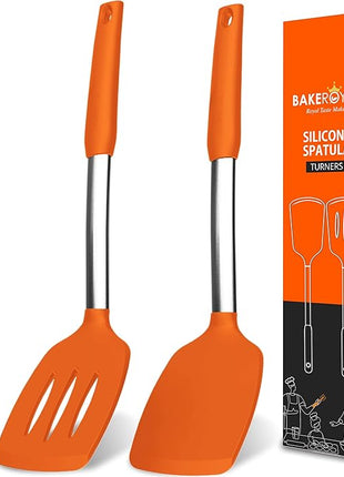 Silicone Spatula Set - Turner Spatulas Silicone Heat Resistant 600°F - Slotted & Solid Silicone Spatulas for Cooking Fish, Eggs, Pancakes Flipper – Silicone Cooking Utensils Set – Orange