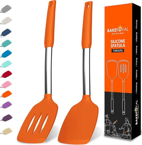 Silicone Spatula Set - Turner Spatulas Silicone Heat Resistant 600°F - Slotted & Solid Silicone Spatulas for Cooking Fish, Eggs, Pancakes Flipper – Silicone Cooking Utensils Set – Orange