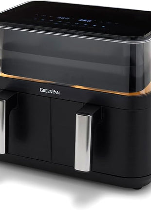 GreenPan Clearview 10QT Double Air Fryer, 360° Clear Window, PFAS-Free Ceramic Nonstick 5QT Drawers & Trays, Dual Cooking, 12-Presets, Shake Reminder, Keep Warm, Dishwasher Safe Parts