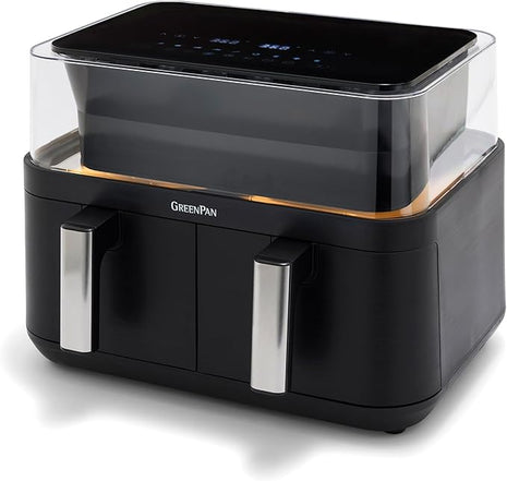 GreenPan Clearview 10QT Double Air Fryer, 360° Clear Window, PFAS-Free Ceramic Nonstick 5QT Drawers & Trays, Dual Cooking, 12-Presets, Shake Reminder, Keep Warm, Dishwasher Safe Parts