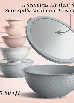 COOK WITH COLOR Mixing Bowls with Lids - 12 Piece Plastic Nesting Bowls Set includes 6 Prep Bowls and 6 Lids, Non Slip Bottom and Embossed Design - Microwave Safe (Pink)