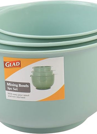 GLAD Mixing Bowls with Pour Spout, Set of 3 | Nesting Design Saves Space | Non-Slip, BPA Free, Dishwasher Safe Plastic | Kitchen Cooking and Baking Supplies, Sage Green