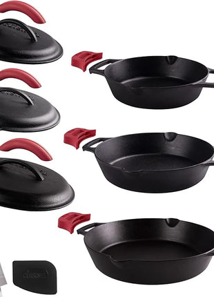Cast Iron Skillet + Cast Iron Lid Set - 8"+10"+12" Dual Handle Frying Pans + Pan Scraper + Silicone Handle Holder Covers - Pre-Seasoned Indoor/Outdoor, Grill, Stovetop, Induction, Oven Safe Cookware