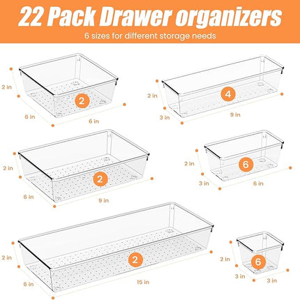 Criusia 22 Pcs Drawer Organizer Bins, Acrylic Non Slip Kitchen Drawer Organizers Storage Tray Divider, Multifunctional Storage for Cosmetics, Bathroom, Tools, Kitchen and Office